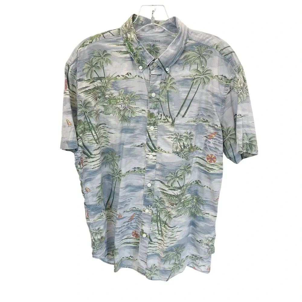J.Crew Lightweight Chambray Tropical Island Palm Tree Print Shirt Blue LARGE